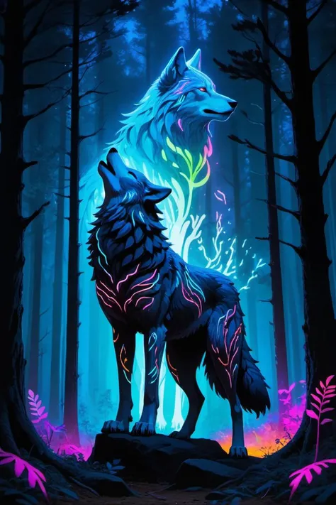 a person stands in a mystical forest at twilight, their silhouette barely distinguishable against the dimming light. Surrounding them is a majestic wolf, its form not made of flesh and bone, but of swirling, vibrant neon lights in shades of electric blue and silver. The neon wolf appears as a guardian spirit, its ethereal body blending into streaks of light that mimic the movement of fur in the wind. The person's face is partially illuminated by the neon glow, revealing an expression of serene confidence. Their arms are raised slightly, palms open toward the wolf, suggesting a deep, unspoken bond between them. Abstract geometric shapes and fluorescent splashes of color float around them, suggesting the presence of otherworldly magic. This scene merges the wild grace of the animal spirit with the abstract beauty of neon art, creating a striking image of companionship and mystique in an enchanted world