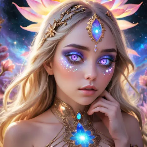 In a realm where imagination reigns supreme, her face emerges as a surreal masterpiece, woven from the fabric of dreams. Skin, akin to the soft petals of a rare celestial flower, glows with an ethereal luminescence, radiating a mesmerizing aura. Eyes, like prismatic portals to a parallel universe, shimmer with the kaleidoscopic hues of an enchanted realm, enchanting all who dare to peer into their depths. Cheeks, adorned with celestial dust, blush with the hues of a cosmic sunrise, casting a spell of wonder upon onlookers. Lips, imbued with the elixir of ancient enchantments, beckon with the allure of a whispered incantation, inviting all to partake in the magic of her presence. She is the embodiment of fantastical allure, a muse from realms beyond comprehension, captivating all with her otherworldly charm.