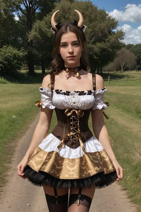 Eilidh from Scotland, medium (shoulder-length:1.2) updo [golden-brown:.3] hair <lora:CowprintDress-v15LoHa-byShurik:0.9> CowprintDress, bow, ribbon, cow_ears, horns, corset, thigh_high, choker, bell