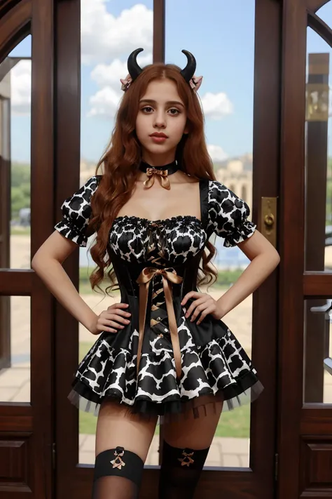 Qamar from Syria, long glorious ginger hair <lora:CowprintDress-v15LoHa-byShurik:0.9> CowprintDress, bow, ribbon, cow_ears, horns, corset, thigh_high, choker, bell