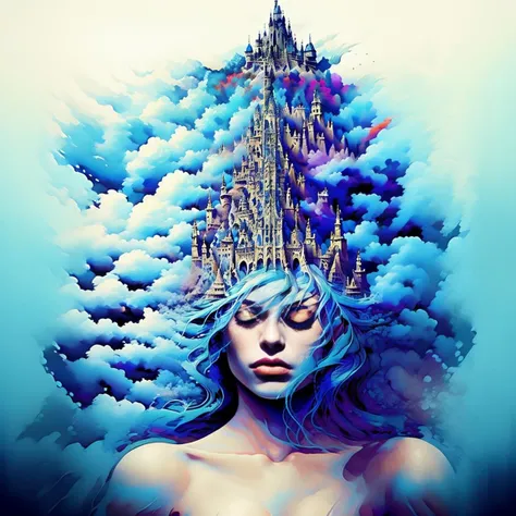 1girl, solo, closed eyes, blue hair, castle, lips <lora:DREAM:1>