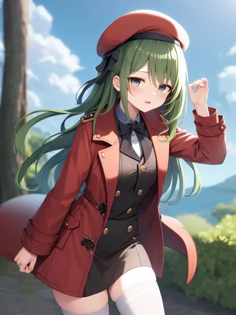 masterpiece, best quality, 1girl, soli, <lora:sil3-000002:1>,coat,uniform,beret,green hair, thighhighs,