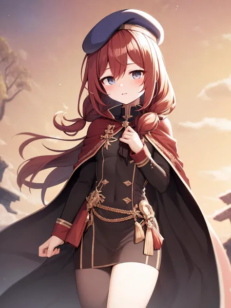 masterpiece, best quality, 1girl, soli, <lora:sil3-000002:1>, uniform, fantasy,twintails,red_hair,beret,cape,