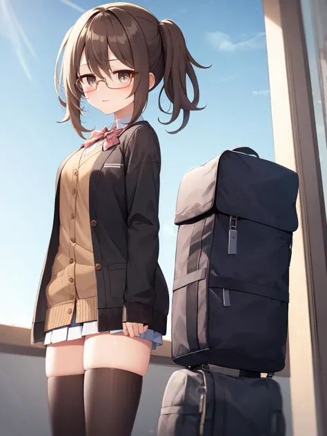 masterpiece, best quality, 1girl, soli, <lora:sil3-000002:1>,school uniform, cardigan, glasses,twintails,brown hair,