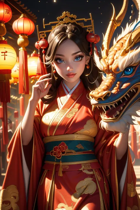 ((best quality)), ((masterpiece)), (intricate details, hyperdetailed:1.15), 35mm, bokeh, (perfect face, highest detailed face), Chinese dress, Chinese dragon, <lora:Dragon_girl:0.7>, fashion photography of bratz, <lora:bratz3-01:0.6>, lips, large breasts, beautiful, makeup, mascara, lip gloss, perfect eyes, long eyelashes, long hair, looking at viewer, 8k, shiny, glow, (bloom), beautiful girl, photoshoot, fun atmosphere, (full moon, oriental dragon curling around her body, Lunar New Year setting:1.3)