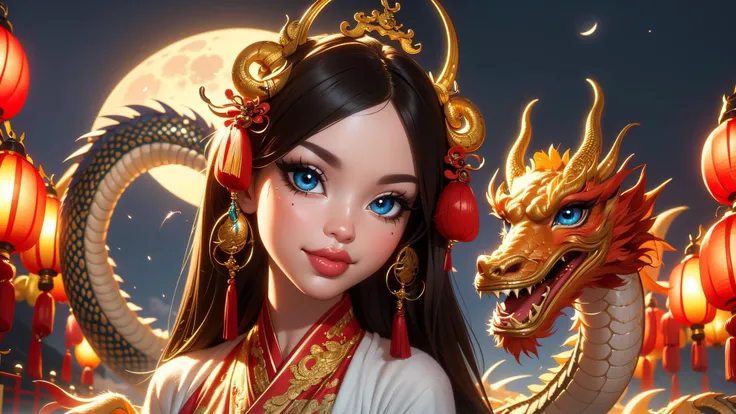 ((best quality)), ((masterpiece)), (intricate details, hyperdetailed:1.15), 35mm, bokeh, (perfect face, highest detailed face), Chinese dress, Chinese dragon, <lora:Dragon_girl:0.7>, fashion photography of bratz, <lora:bratz3-01:0.6>, lips, large breasts, beautiful, makeup, mascara, lip gloss, perfect eyes, long eyelashes, long hair, looking at viewer, 8k, shiny, glow, (bloom), beautiful girl, photoshoot, fun atmosphere, (full moon, oriental dragon curling around her body, Lunar New Year setting:1.3)