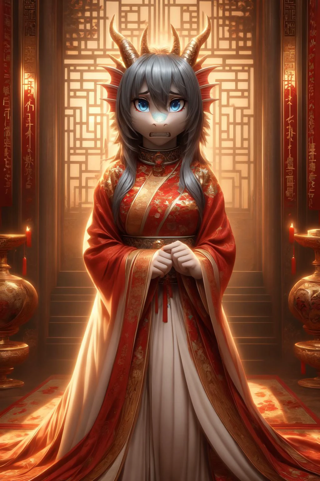 (anthro dragon), dragon horns, (long dragon snout:1.2), (silver blue (scaly:1.3) skin), medium breast, (detailed hair, curvy hair), blue eyes, (eyes wide open:1.2), (clenched teeth:1.2), (worried, afraid:1.4), looking at viewer,
chinese dress, hair ornament, wide sleeves, long sleeves, (bound wrists:1.2), iron collar,
full body,
temperate forest,
(masterpiece:1.2), (highly detailed:1.2), (intricate:1.2), (best quality:1.2),(8k:1.2), (elegant:1.2), (sharp:1.2), (majestic:1.2),
cinematic light, vivid colors <lora:lora:1>