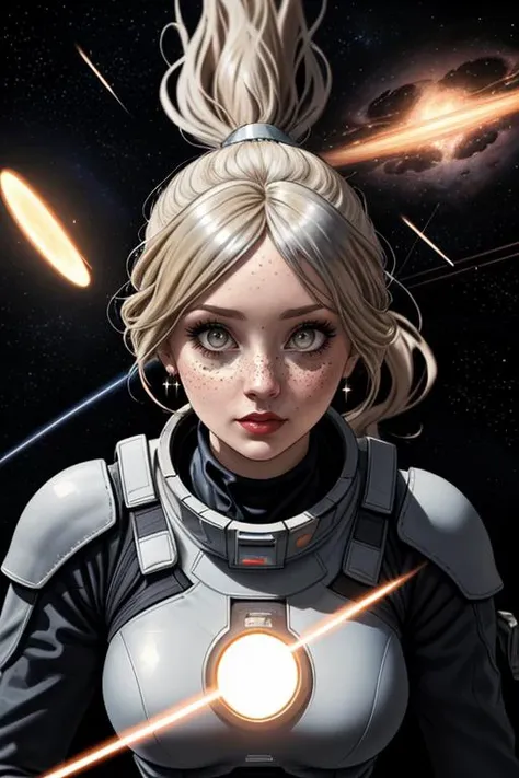 best quality,masterpiece,1 girl, adult  woman, freckles, silver eyes, light blonde ponytail, ombre,  Style-GravityMagic, portrait, solo,  upper body, looking away, detailed background, detailed face, (1920s art deco theme:1.1), cosmic traveler, wearing sleek white space armor,  utility belt, techwear, wide-eyed wonder, lost in space, drifting in space, lightspeed,   meteor shower in background, dramatic lighting, epic  atmosphere,,