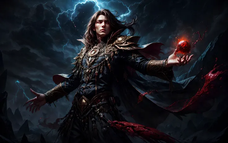 masterpiece, epic, majestic, best quality, very high resolution, 8k, hdr, digital photography, dynamic pose, godly 26 years old (male Basque:1.2) lancer, teal eyes, (dark brown hair, shaved head:1.1), looking at camera with a blithe expression, (style-swirlmagic:0.8), solo, full body, detailed background, detailed face, (<lora:Concept - Blood Magic:0.5>, swirling blood, blood, magic, bloodmagic theme:1.1), inner strength, (glowing eyes:1.05), tribal vodoo shaman, mystical, Raisin black frayed vestments, obsidian,,beads enchanted talisman, dynamic pose, floating particles, embers, nature in background, storm, foreboding atmosphere, ,, (iridescent:0.7), (transparent:0.8), (translucid:0.8), (reflection:0.6), (refraction:0.3), (diffraction:0.3), (caustics:0.3), volumetric lights, volumetric shadows, (subsurface scatering:0.4), physically based rendering, (intricate details:1.3), hyperdetailed, ultrarealistic, (sharp focus:1.2) <lora:hyperdenoiser_v090:1.5> <lora:add_detail:1.5>