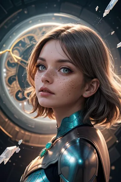 best quality,masterpiece,1 girl, adult (elven:0.7) woman, freckles, grey eyes, medium brown shaggy hair, ombre, (style-swirlmagic:0.8), portrait, solo, from front, front view, upper body, looking down, detailed background, detailed face, (<lora:ChronomancyAI:0.5>, ChronomancyAI, chronomancy theme:1.1), earth-wizard, geomancer, gem-like eyes, focusing, stone armor, mineral pendant, casting spell, levitating particles, crystals, earthen tendrils, emanating ethereal rocky energy, rockslide in background, backlighting, wind, updraft, vibrant color palette, cinematic atmosphere,,