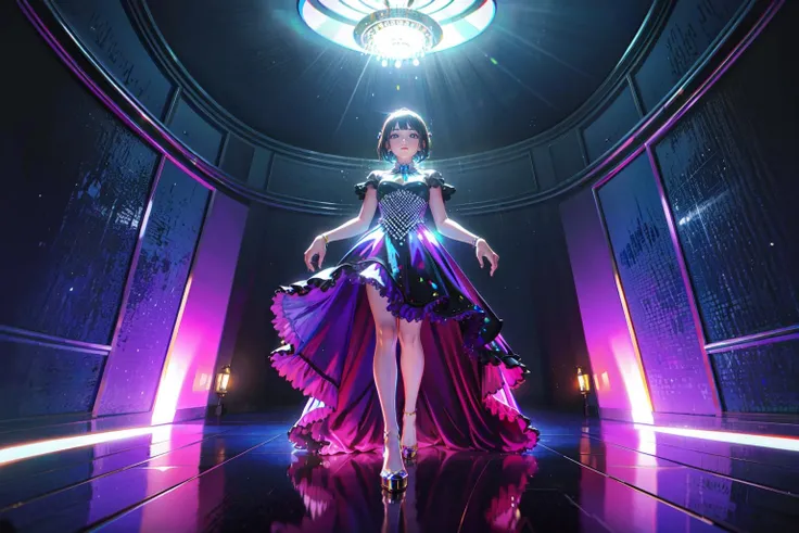1girl, shiny bejeweled dress, chromatic aberration, highres, full body, luxury hotel lobby, looking at viewer, 4k, (upper body), specular, subsurface scattering