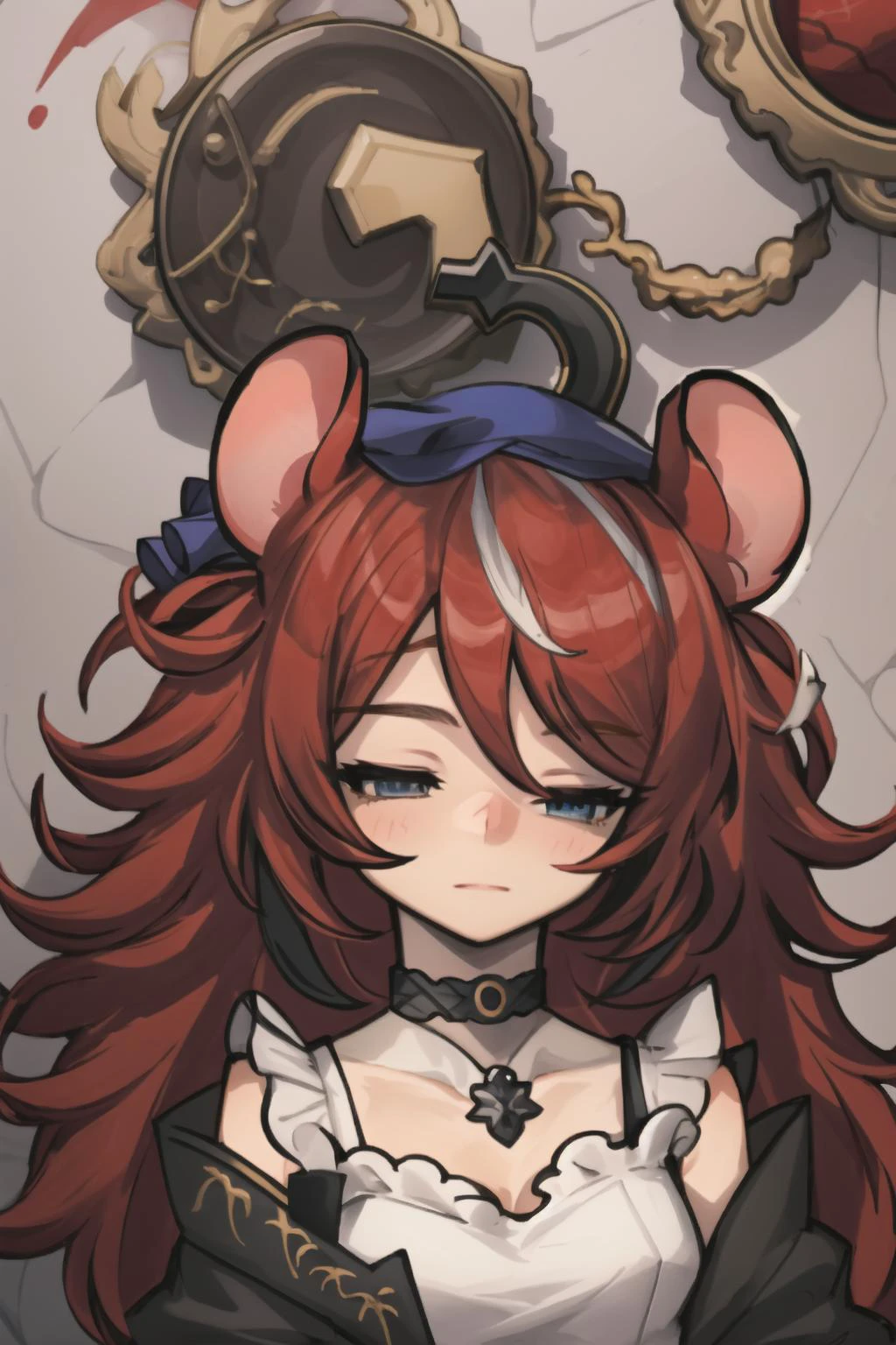 best quality, intricate details,
1girl, long hair, red hair, messy hair, red highlights, blue eyes, sharp eyes,<lora:hakos baelz 2:0.8> mouse ears,
choker, torn legwear,
hakos baelz, <lora:BaitanggaoSomeSortOf_v1Epoch06:0.8> <lora:betterHalfClosedEyes_v10:0.8> half-closed_eyes,