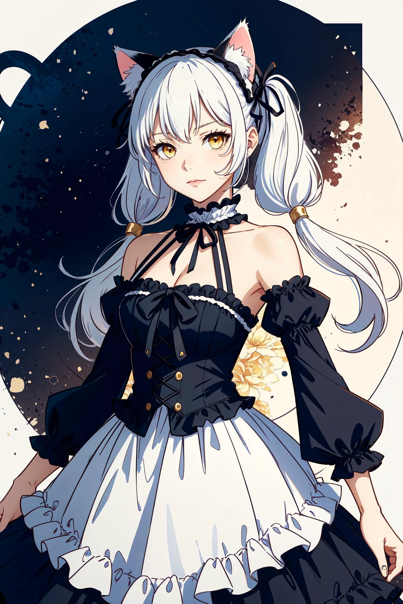 best quality, intricate details,
<lora:ShionV2D8_e6:0.8> ShionGothic, smug, twintails, animal_ear_fluff,gothic_ta,loliashion,halter dress, cat ears,cat_girl,long dress, halterneck, layered dress,frilled dress, center_frills,detached sleeves, white hair,yellow eyes,
<lora:BaitanggaoSomeSortOf_v1Epoch06:0.8>