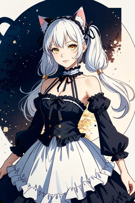 best quality, intricate details,
<lora:ShionV2D8_e6:0.8>  ShionGothic, smug, twintails, animal_ear_fluff,gothic_lolita,lolita_fashion,halter dress, cat ears,cat_girl,long dress, halterneck, layered dress,frilled dress, center_frills,detached sleeves, white hair,yellow eyes,
 <lora:BaitanggaoSomeSortOf_v1Epoch06:0.8>