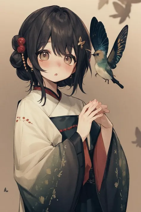 masterpiece, best quality, extremely detailed, detailed background, detailed face, hanfu, 1girl, solo, jewelry, earrings, hair ornament, long sleeves, chinese clothes, glowing, black hair, hair bun, dress, blush, brown eyes, standing, wide sleeves, dark, light particles, hands up, bug, :o, butterfly, beads, bird, looking away, sleeves past wrists, bangs, child
<lora:BaitanggaoSomeSortOf_v1Epoch06:1>