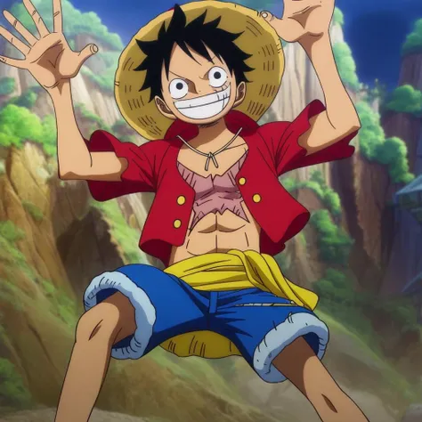 1boy, Luffy, straw hat, happy, big smile, red shirt, open shirt, shorts, official art