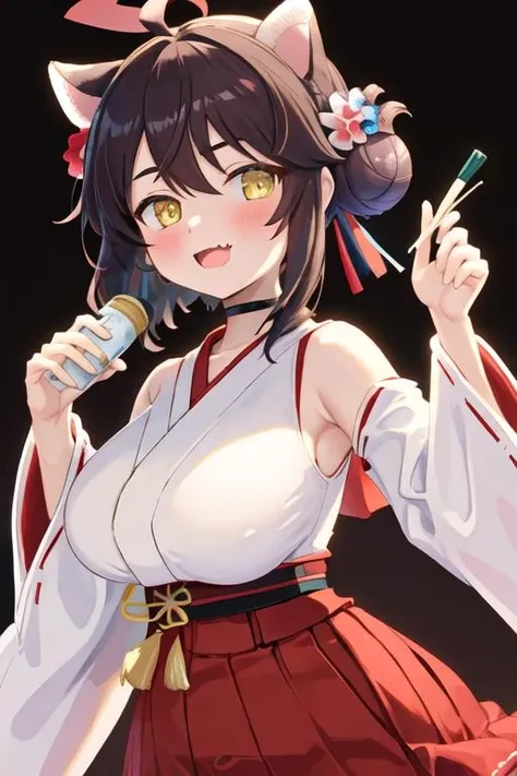 best quality, masterpiece, highres, solo, {white kimono:1.35}, {red hakama:1.35}, {wide sleeves:1.20}, {kaede_bluearchive:1.15}, animal_ears, breasts, blush, halo, ahoge, hair_bun, yellow_eyes, large_breasts, hair_between_eyes, open_mouth, fang, hair_ornament, single_side_bun, skin_fang, black_hair, oppai_loli, upper_body, brown_hair, hair_flower