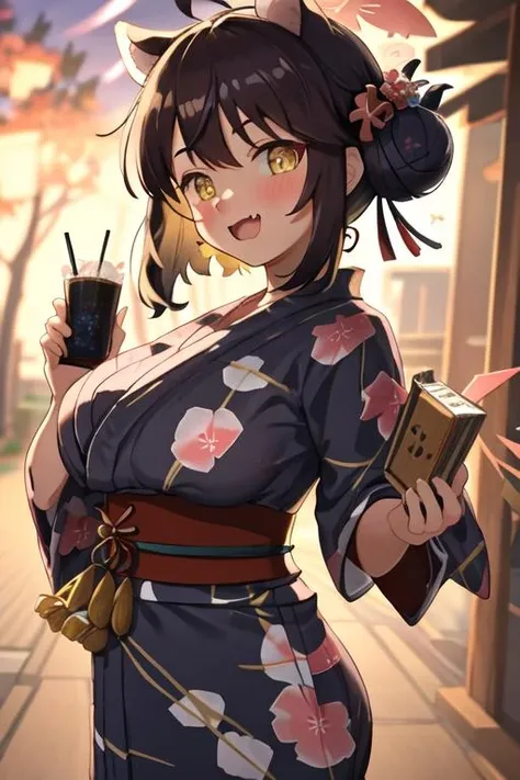 best quality, masterpiece, highres, solo, {yukata:1.40}, {kimono:1.20}, {kaede_bluearchive:1.15}, animal_ears, breasts, blush, halo, ahoge, hair_bun, yellow_eyes, large_breasts, hair_between_eyes, open_mouth, fang, hair_ornament, single_side_bun, skin_fang, black_hair, oppai_loli, upper_body, brown_hair, hair_flower