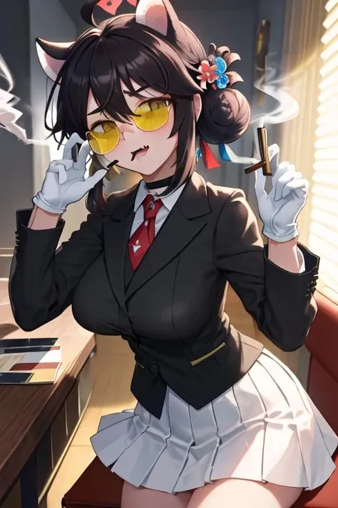 best quality, masterpiece, highres, solo, {black business suit:1.40}, {tie:1.20}, {sunglasses:1.25}, {white gloves:1.15}, {white shirt:1.10}, {black skirt:1.15}, {smoking:1.20}, handsome, {kaede_bluearchive:1.15}, animal_ears, breasts, blush, halo, ahoge, hair_bun, yellow_eyes, large_breasts, hair_between_eyes, open_mouth, fang, hair_ornament, single_side_bun, skin_fang, black_hair, oppai_loli, upper_body, brown_hair, hair_flower