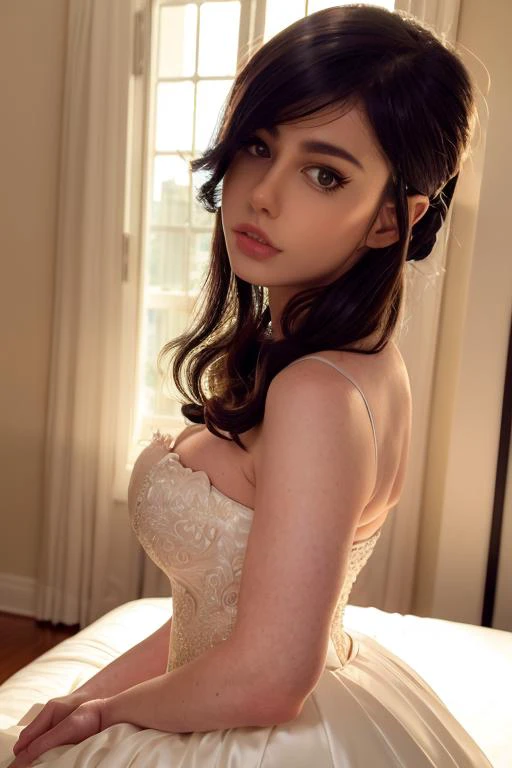 photo of a 20 yo girl, wearing a wedding dress, bed, realistic, photorealistic, (intricate details:1.2), (delicate detailed), (cinematic light, best quality Backlights), clear line, realistic face, detailed face unity 8k wallpaper, ultra high res,makeup,lips, (photorealistic:1.4), <lora:kalintra_jf-000002:0.9>