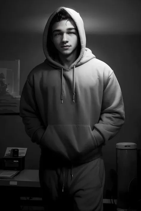 32K, Masterpiece, cinematic lighting, ((monochrome)), (red shading), perfect shading, art station enhanced, visually arresting photograph of <lora:jaydenmv1:1> jaydenm, short hair, mole, (red iris), red eyes, sweatpants, sweatshirt with hood,