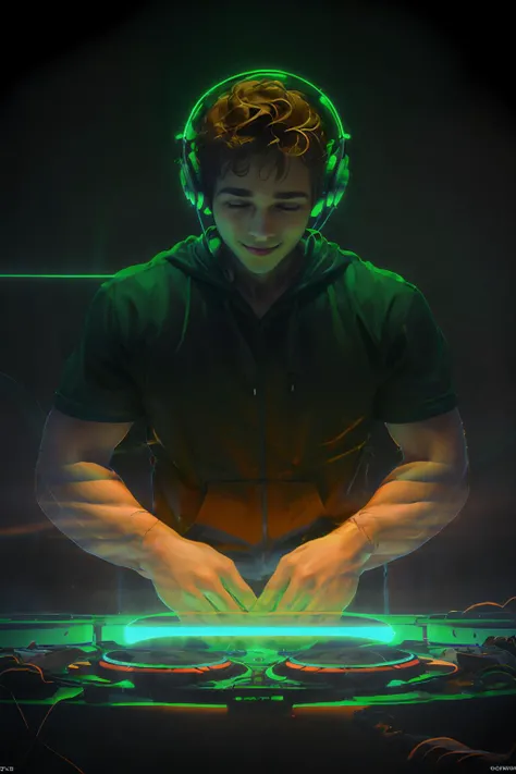 <lora:VaporwaveAlpha:0.9>, (Orange:0.5 and Green:0.5 Theme), 32K, artstation, trending, <lora:DJ:1> DJ, futuristic dj turntable, passionate performance, whimsical energy, (repeating vaporwave lines background), audience background, (gradient orange light), fractal green light, (<lora:jaydenmv1:1> jaydenm, realistic, short hair, brown hair, male focus, black shirt, headphones),