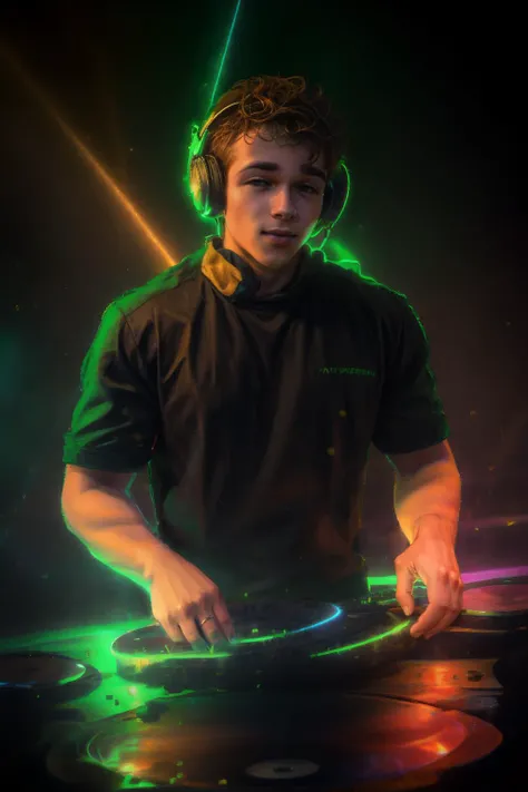 <lora:VaporwaveAlpha:1>, Orange and Green Theme, 32K, artstation, trending, <lora:DJ:1> DJ, turntable, passionate, whimsical, repeating vaporwave lines background, audience background, gradient orange light, fractal green light, (<lora:jaydenmv1:1> jaydenm, realistic, short hair, brown hair, male focus, black shirt, headphones),