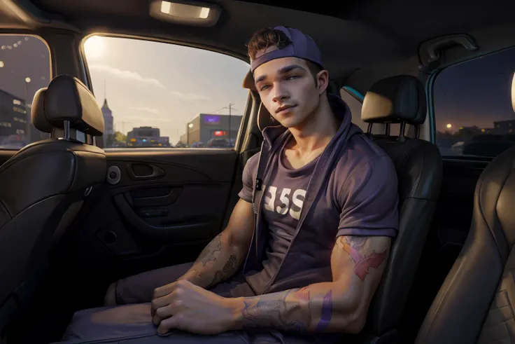 three quarter side view, hyperrealistic, (masterpiece), high details, ultra-realistic, photograph of (<lora:jaydenmv1:1> jaydenm, tattoo, arm tattoo, chest tattoo, shoulder tattoo, realistic, short hair, male focus), sitting in a convertable, car interior, steering wheel, dashboard, carseat, front seat, looking at viewer, arm on car door, blurry commercial district background, bokeh, 32k, cinematic, midnight, (((tracksuit))), (((t-shirt))), baseball cap, (((SFW))),