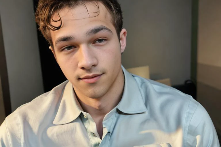 one man, male focus, <lora:jaydenmv1:1> jaydenm, professional studio quality modeling headshot, 4K, simple background, dramatic lighting, neutral expression, realistic skin, fine detail, shirt, ultra realistic photograph, professional photograph, by Gucci photographer.