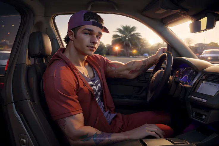 side view, hyperrealistic, (masterpiece), high details, ultra-realistic, photograph of (<lora:jaydenmv1:1> jaydenm, tattoo, arm tattoo, chest tattoo, shoulder tattoo, realistic, short hair, male focus), sitting in a convertable, car interior, steering wheel, dashboard, carseats, front seat, looking at viewer, arm on car door, blurry commercial district background, bokeh, 32k, cinematic, midnight, (((tracksuit))), (((t-shirt))), baseball cap, (((SFW))),
