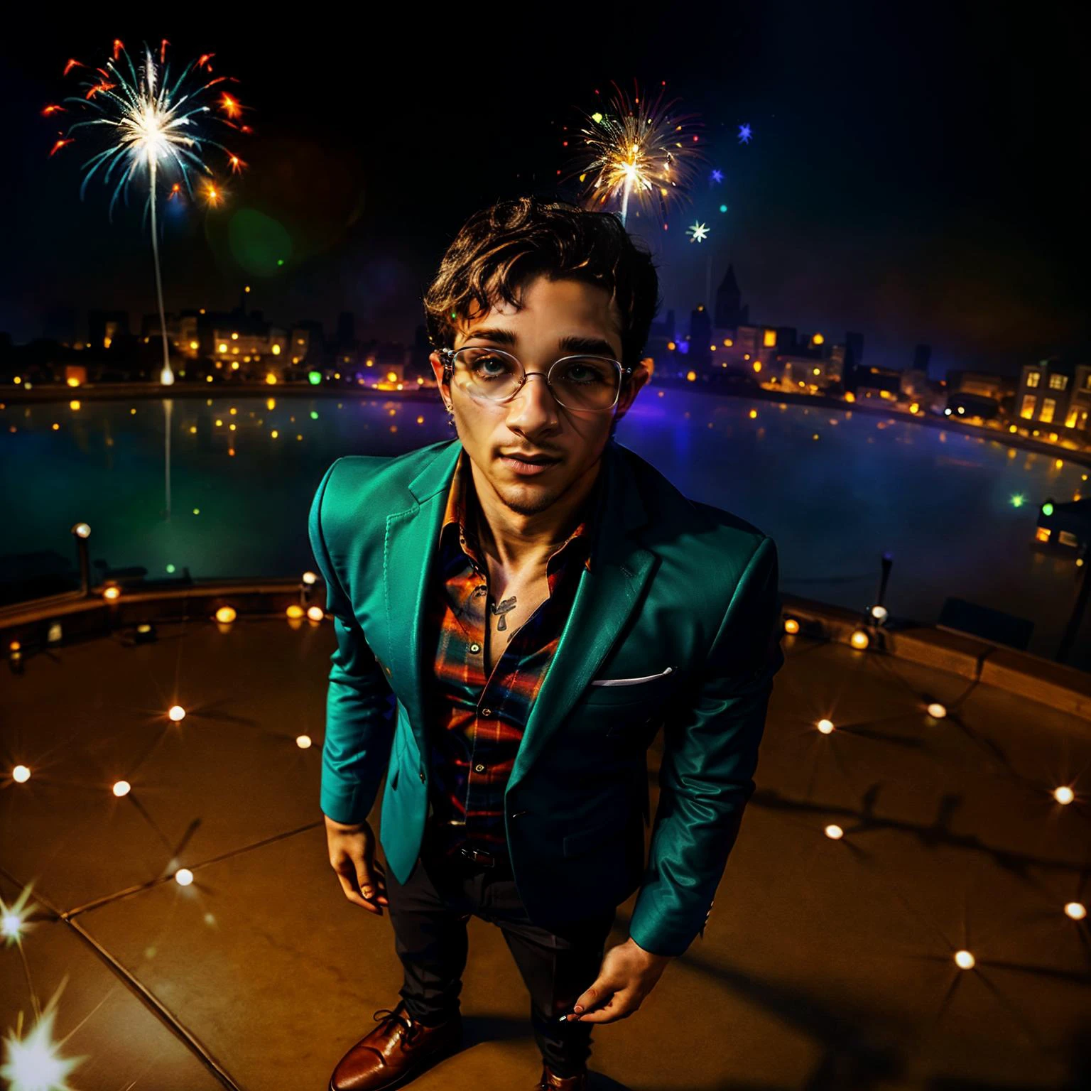 (professional headshot photograph of, 1man, solo, open sky background), (view from above)
<BREAK>
starry night sky, clear sky, dark sky, new years eve, vibrant display, magnificent view, dimly lit, volumetric lighting, wide angle shot, 32K, masterpiece, hyperrealistic, highly detailed skin, highly detailed hair, highly detailed eyes
<BREAK>
<lora:jaydenmv1:1> jaydenm, tattoo, arm tattoo, chest tattoo, shoulder tattoo, mole, realistic, short hair, black hair, brown hair, male focus, collared shirt, green suit jacket, black pants, glasses, jewelry
<BREAK>
<lora:fireworks_20230730090722:0.8> fireworks