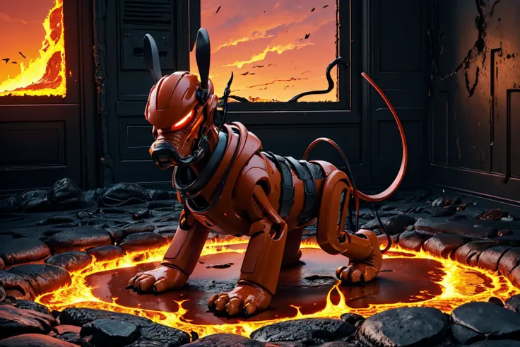 ((in hell, lava, red sky, burning)),  highres, ultra detailed, sharpen picture, Highly detailed, masterpiece, best quality, no human
 <lora:plutoLoRA:0.9> collar, pokemon (creature), no humans, dog, tail, animal ears, rabbit ears,  <lora:Sci-fi_style:0.8>armor, ground vehicle, helmet, holding, hoodie, indoors, male focus, power armor, science fiction, solo, sword, weapon