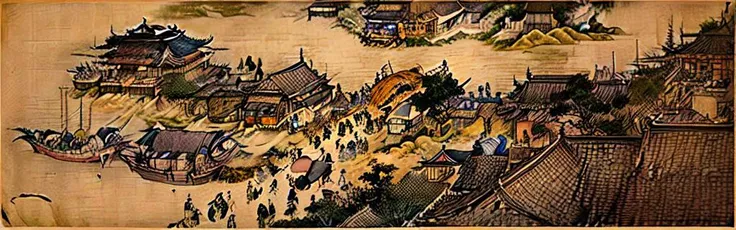 _shuimo_, architecture,  city, market, boat,  bridge, building, road,  lantern, riding, scenery, tree, Chinese ink painting,   <lora:qingmingshanghe:0.8>qingmingshanghe