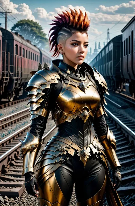 masterpice, photorealistic highly detailed 8k photography, best cinematic quality, <lora:HaDeS_Armor_XL_V2.0-000004:1> titian mohawk non-binary in chhdsrmr crstlhdsrmr nhdsrmr, arms behind her head, Train Graveyards background
