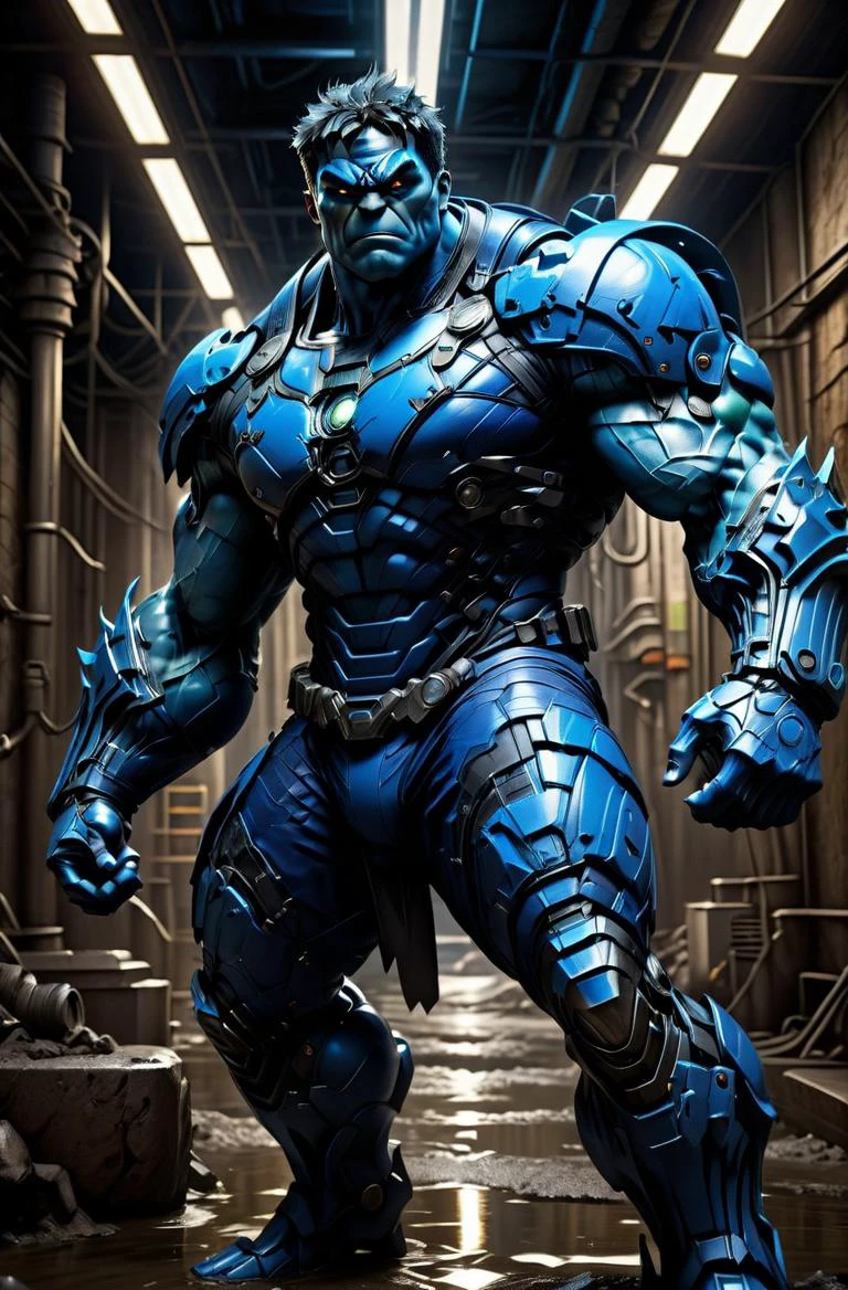 masterpiece, photorealistic highly detailed 8k photography, best cinematic quality, volumetric lighting and shadows, sharp intricate details, <lora:hadesarmorXL:1> hulk in Electric Blue hdsrmr, (dynamic pose:1.2), Damp and Dark Underground Sewer System background