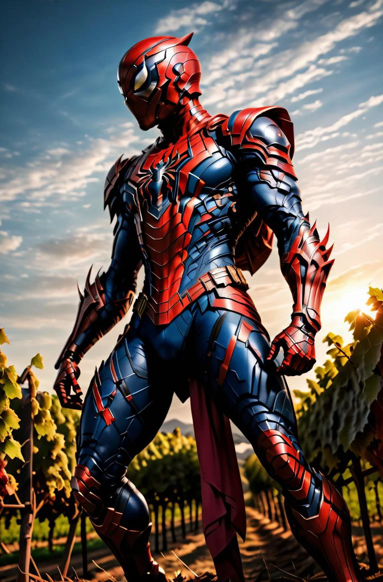 masterpiece, photorealistic highly detailed 8k photography, best cinematic quality, volumetric lighting and shadows, sharp intricate details, <lora:hadesarmorXL:1> spiderman in Cerise hdsrmr, Defensive Crouch with Shield Raised, helmet, Sunset over Vineyard-covered Hills background