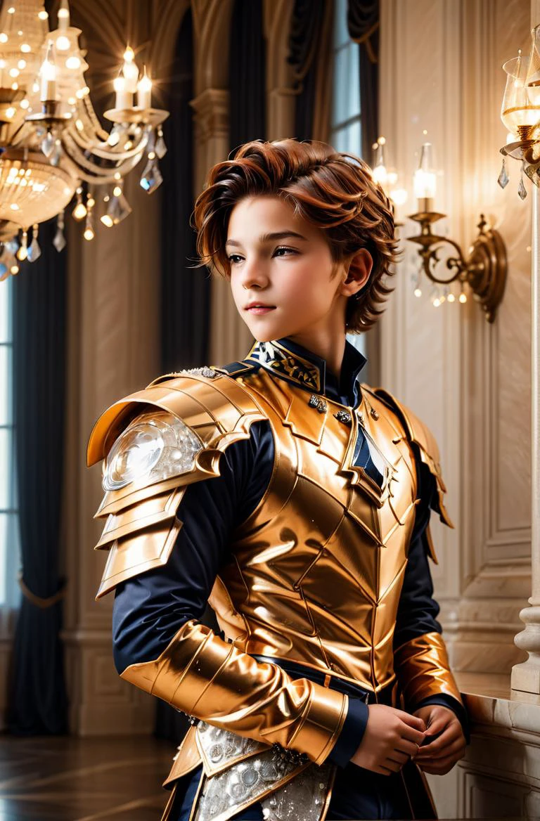 <lora:HaDeS_Armor_XL_V2.0-000004:1> auburn textured hair boy in crstlhdsrmr, leaning back against a wall, Chandelier-lit Ballrooms background