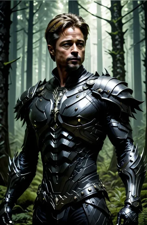 masterpiece, photorealistic highly detailed 8k photography, best cinematic quality, volumetric lighting and shadows, sharp intricate details, <lora:hadesarmorXL:1> Brad Pitt in reflective hdsrmr, (dynamic pose:1.2), Eternal Darkness in a Creepy Forest background