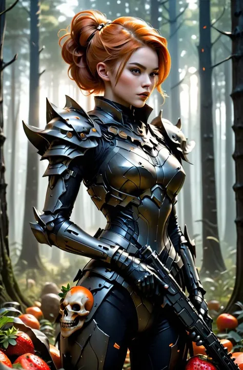 masterpiece, photorealistic highly detailed 8k photography, best cinematic quality, volumetric lighting and shadows, sharp intricate details, <lora:hadesarmorXL:1> strawberry blonde quiff young woman in Halloween Orange hdsrmr with text "HADES" (gun), mushroom forest background