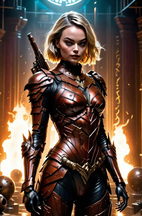 masterpiece, photorealistic highly detailed 8k photography, best cinematic quality, volumetric lighting and shadows, sharp intricate details, <lora:hadesarmorXL:1> Margot Robbie in reflective Rich Brown hdsrmr, holding a gun, dynamic pose, Sinister Ritual Chamber with Occult Artifacts background