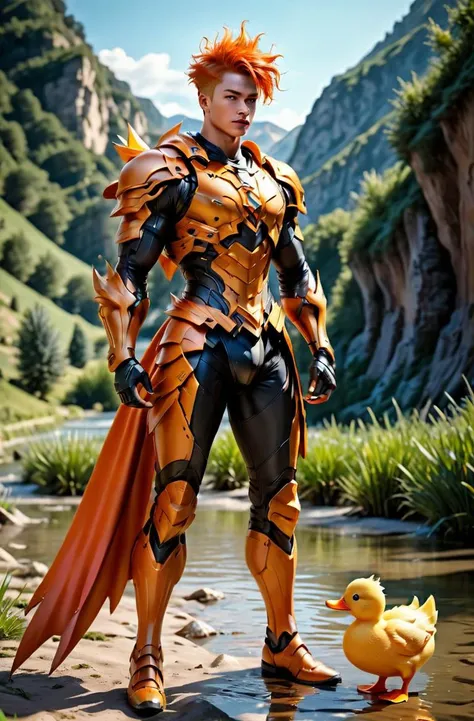 masterpiece, photorealistic highly detailed 8k photography, best cinematic quality, volumetric lighting and shadows, sharp intricate details, <lora:hadesarmorXL:1> orange spiky hair muscled young man in Light Orange hdsrmr, Walking, pretending to pull a toy duck, valley background