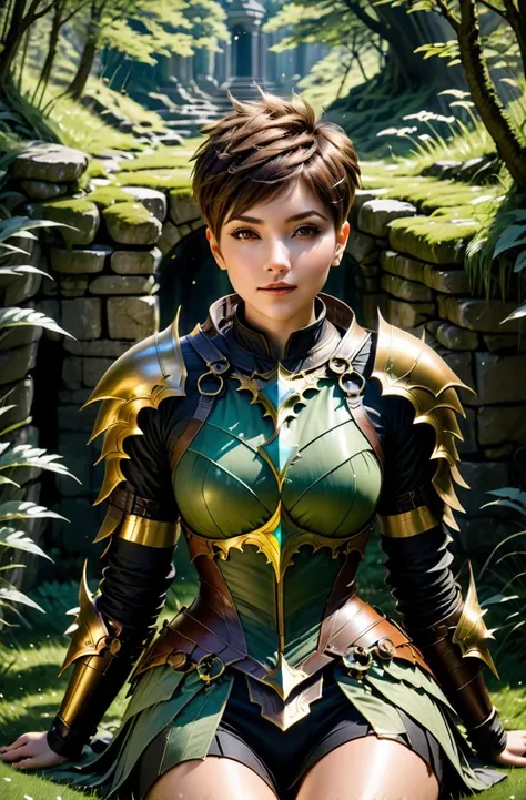 <lora:HaDeS_Armor_XL_V2.0-000004:1> ash brown pixie cut non-binary in (crstlhdsrmr hlhdsrmr:1.3), (lying in the grass, facing forward), Moss-Covered Ancient Stone Bridges background