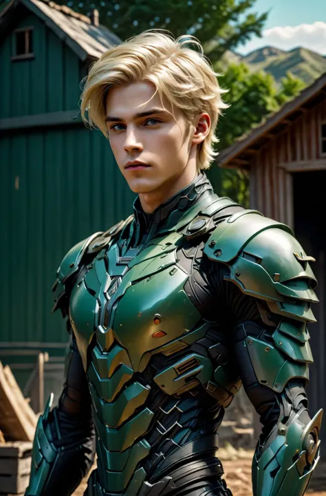 masterpiece, photorealistic highly detailed 8k photography, best cinematic quality, volumetric lighting and shadows, sharp intricate details, <lora:hadesarmorXL:1> platinum blonde sleek hair young man in Viridian hdsrmr, hen house background