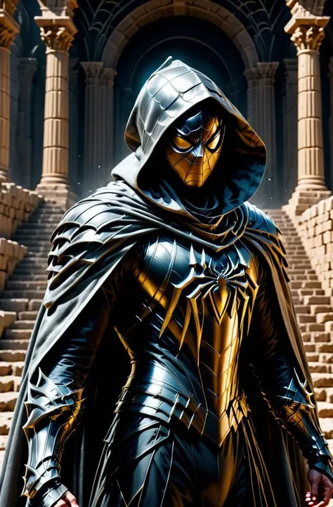 <lora:Armored HaDeS:1> masterpiece, best cinematic lighting quality, boy in Very Gray crstlhdsrmr rmspdvrs, hood, spider logo, cape, giving a punch, Long shot, Ancient Stone Amphitheaters