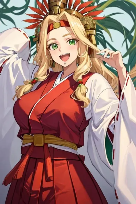 best quality, masterpiece, highres, solo, {white kimono:1.35}, {red hakama:1.35}, {wide sleeves:1.20}, {quetzalcoatl_fgo:1.15}, long_hair, blonde_hair, smile, green_eyes, breasts, headband, large_breasts, jewelry, headdress, open_mouth