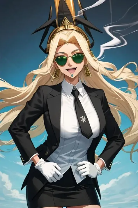 best quality, masterpiece, highres, solo, {black business suit:1.40}, {tie:1.20}, {sunglasses:1.25}, {white gloves:1.15}, {white shirt:1.10}, {black skirt:1.15}, {smoking:1.20}, handsome, {quetzalcoatl_fgo:1.15}, long_hair, blonde_hair, smile, green_eyes, breasts, headband, large_breasts, jewelry, headdress, open_mouth
