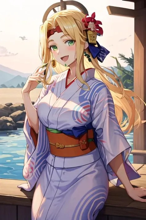 best quality, masterpiece, highres, solo, {yukata:1.40}, {kimono:1.20}, {poporon_jashinchandropkick:1.15}, blonde_hair, long_hair, bangs, green_eyes, blunt_bangs