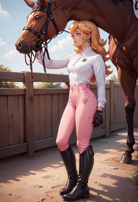 score_9, score_8_up, score_7_up, source_anime
, princess peach, 1girl, pink  pants , <lora:ridingOutfitPony:1.0>, black  gloves, white shirt, boots, long sleeves, petting a horse