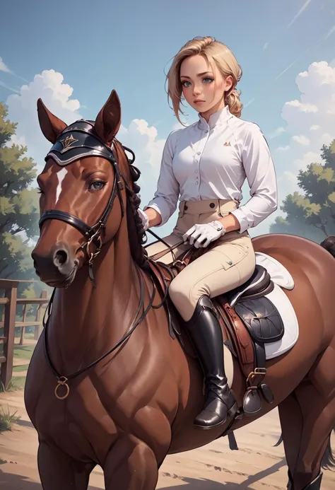 score_9, score_8_up, score_7_up, source_anime
1girl,  beige pants , <lora:ridingOutfitPony:1.0>, white gloves,  white  shirt, boots, long sleeves, riding a horse