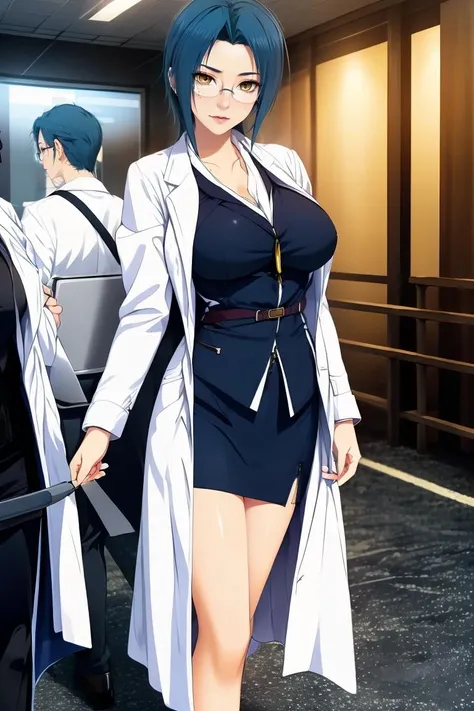 (masterpiece, best quality), 1girl, 22 years old, <lora:Sera_LoRA:1> Doctor's coat:, Sera_Kurokawa_\(lovely_x_cation)\, blue hair, breasts, glasses, high heels, jewelry, large breasts, miniskirt, mole, pencil skirt, skirt, solo, yellow eyes, doctor's coat, white coat,